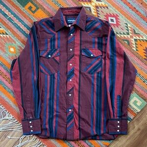 00s Wrangler Maroon and Blue Striped Western Shirt
